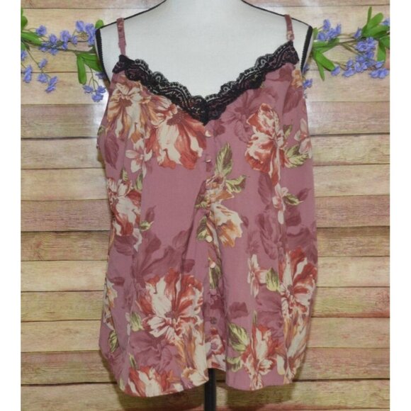 Torrid Floral Chablis Pink Lace Trim Cami Tank Top Faux Button Down Size 1X Sexy - Picture 2 of 11